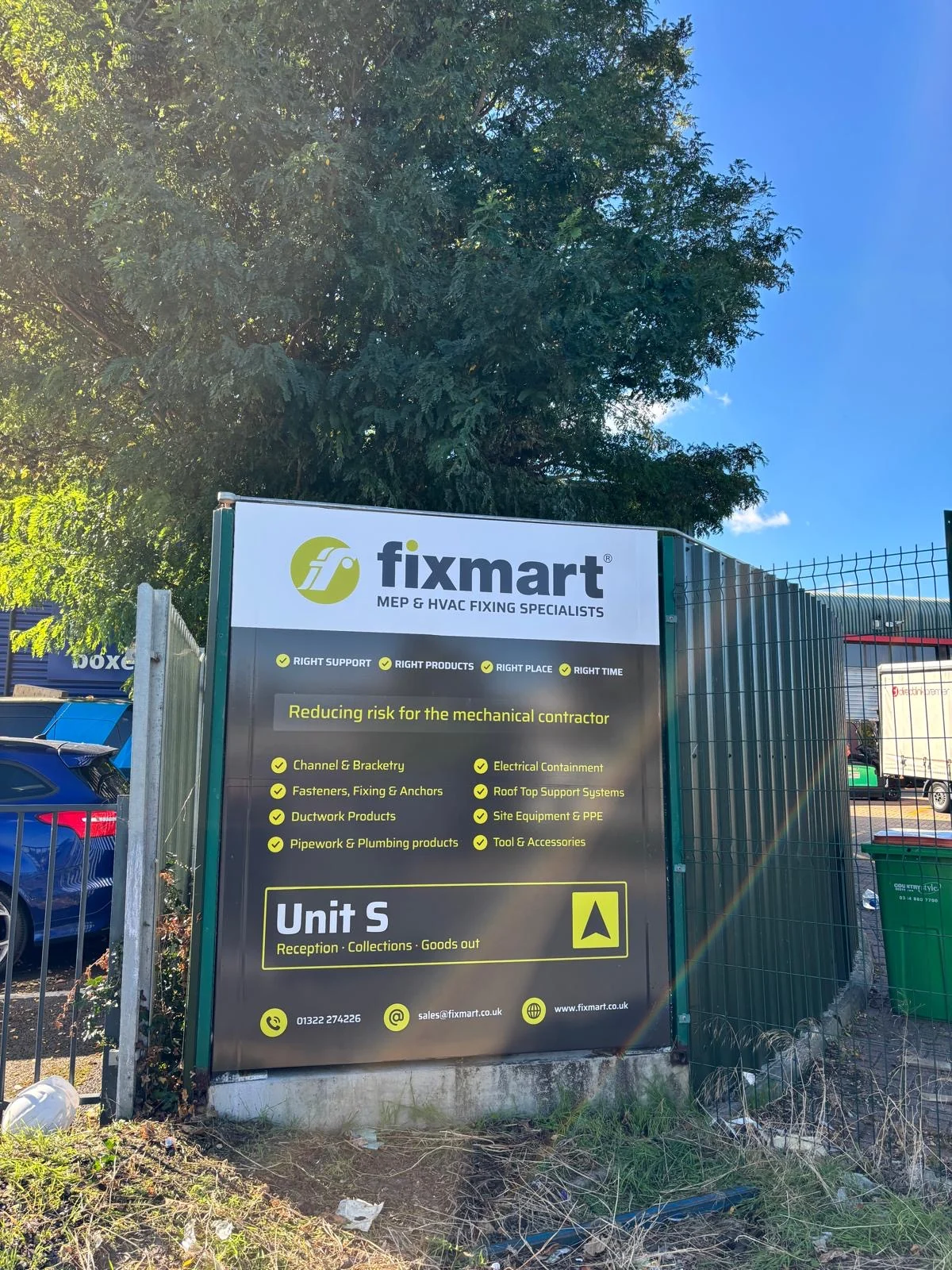 Fixmart site directory with yellow directional arrows and Unit S identification
