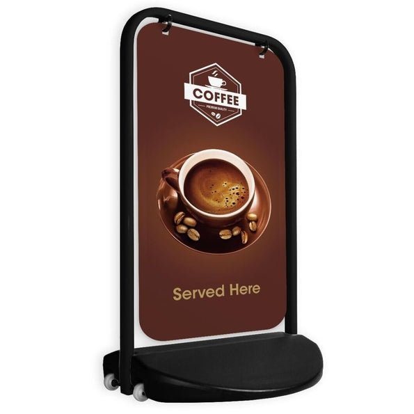 Swinging pavement sign with a printed aluminium panel