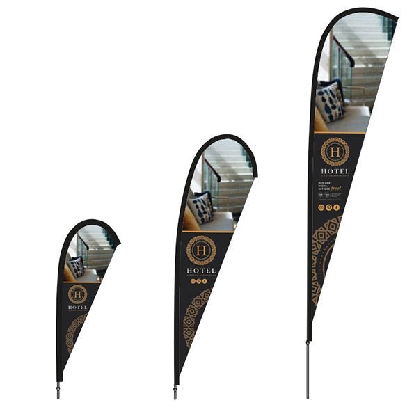 Printed teardrop flag outside a shopfront